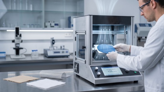 Lab technician measuring air permeability of a fabric specimen on an automatic air permeability tester