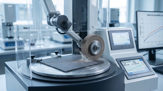 Abrasion testing machine rubbing a fabric specimen under controlled load