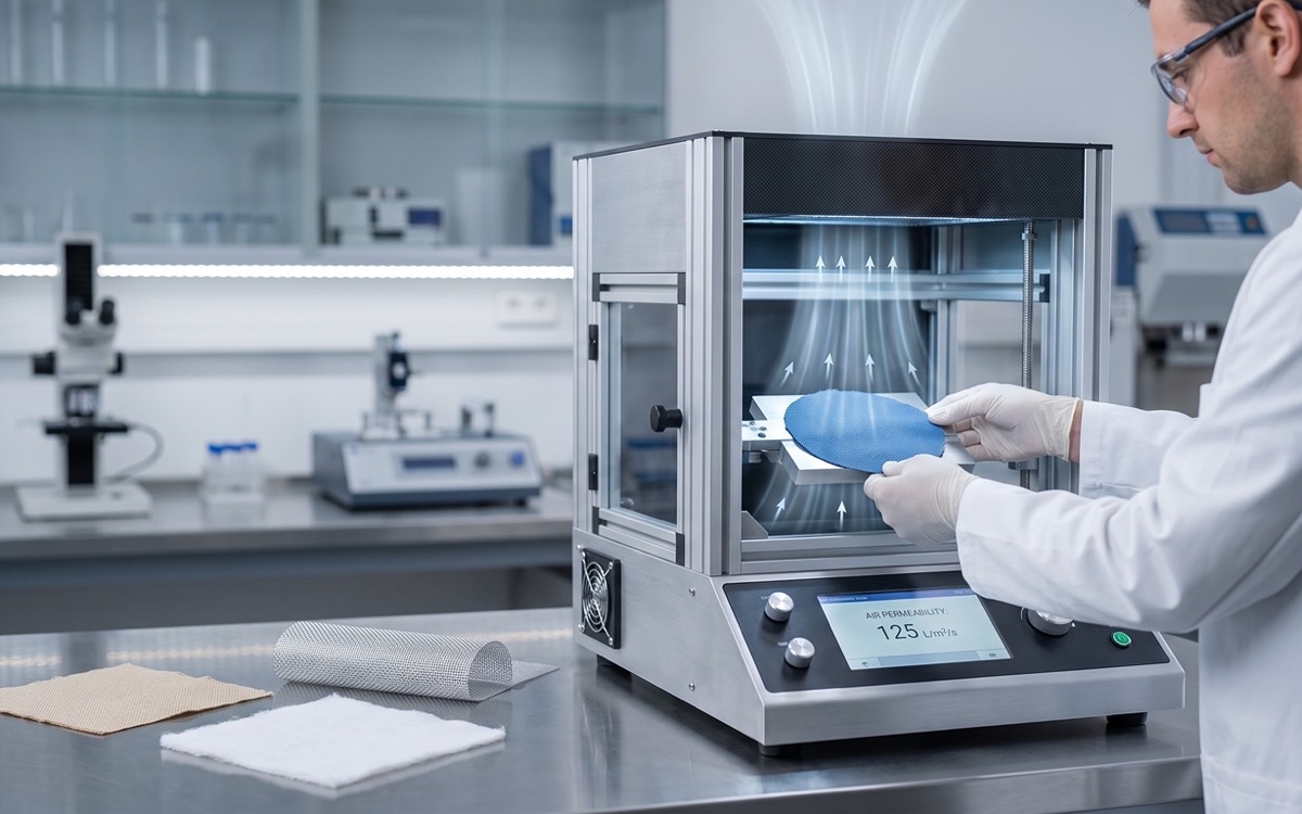 Lab technician measuring air permeability of a fabric specimen on an automatic air permeability tester