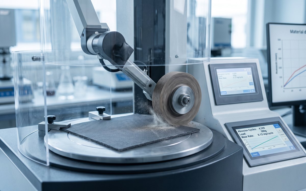Abrasion testing machine rubbing a fabric specimen under controlled load