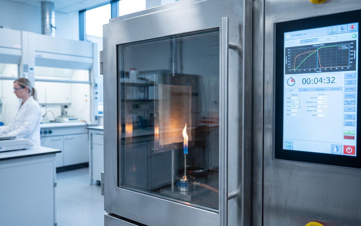 Flammability test chamber with a fabric specimen and monitoring display