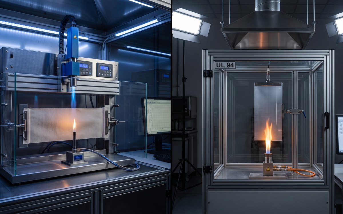 Controlled flame testing of textile and plastic specimens in a laboratory chamber