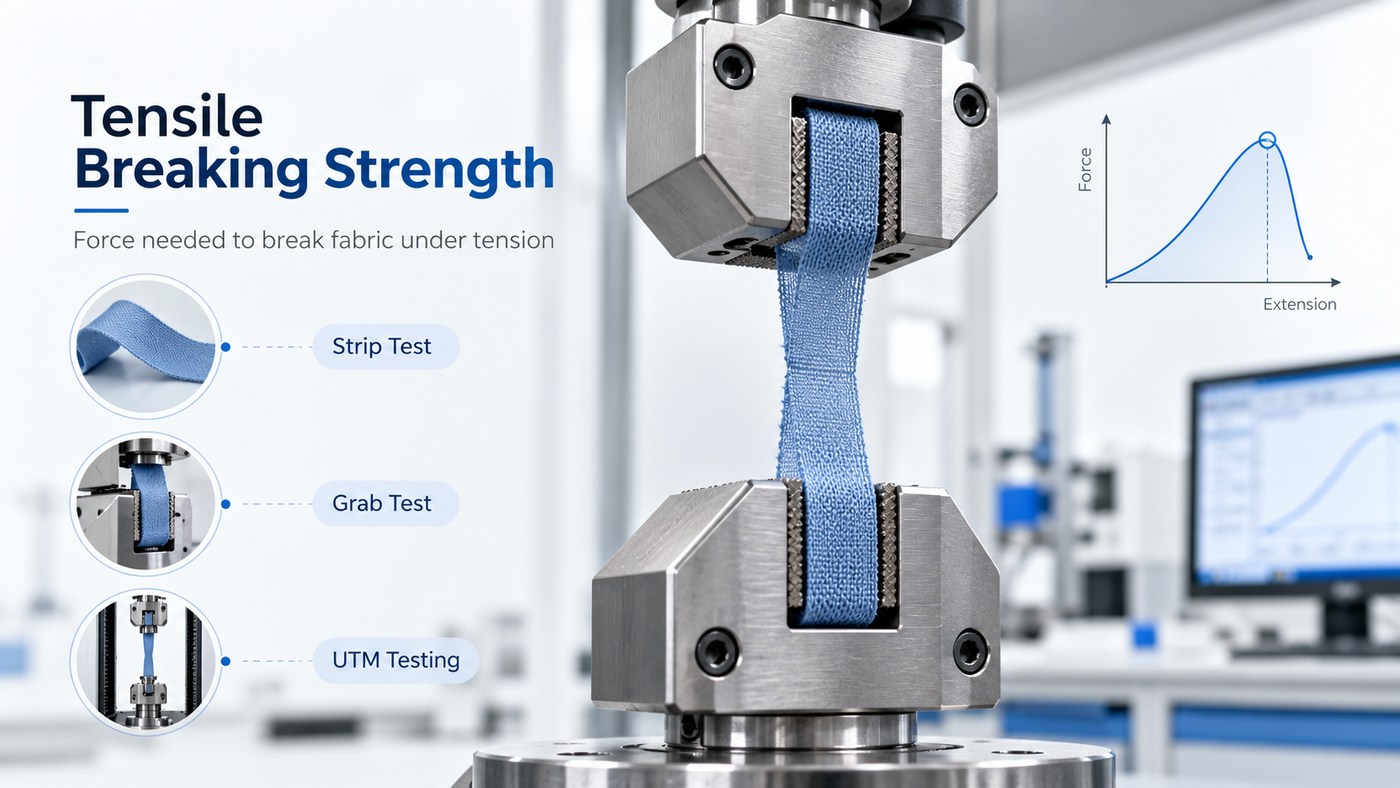 Illustration comparing strip and grab tests with fabric clamped in a universal testing machine