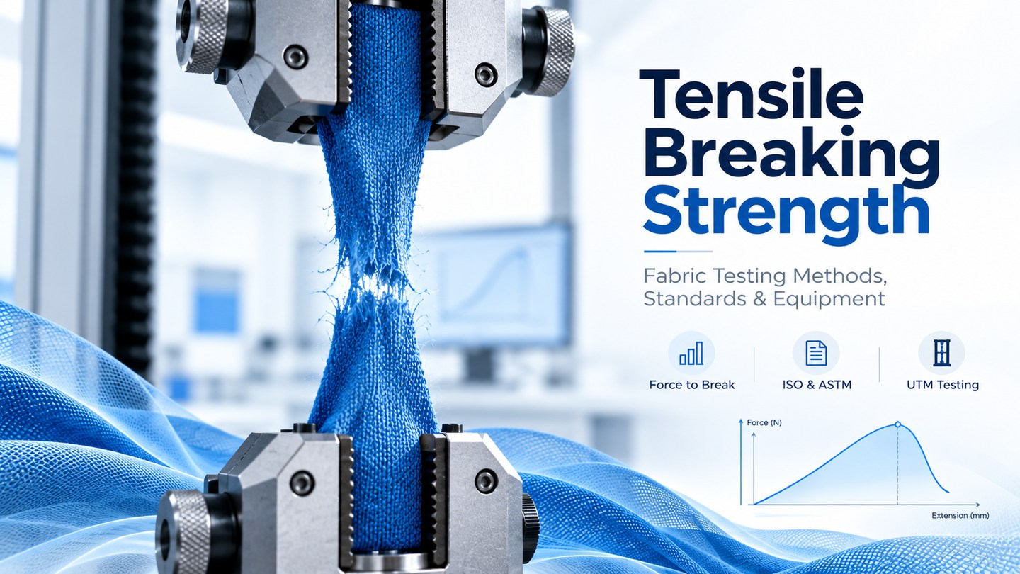 Tensile breaking strength test showing a blue fabric specimen clamped in a universal testing machine