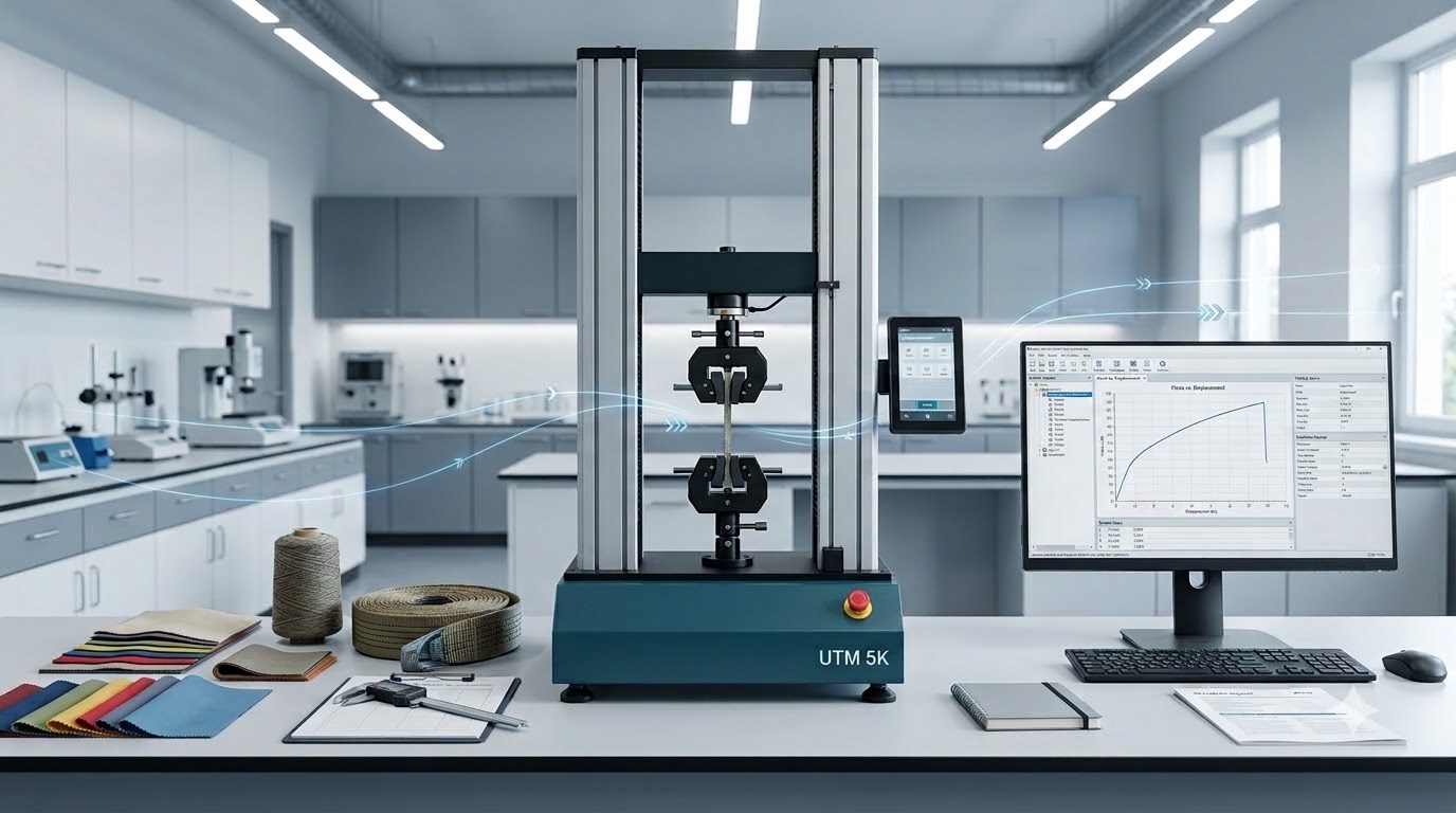 Universal testing machine used for textile, yarn and material strength testing in a laboratory
