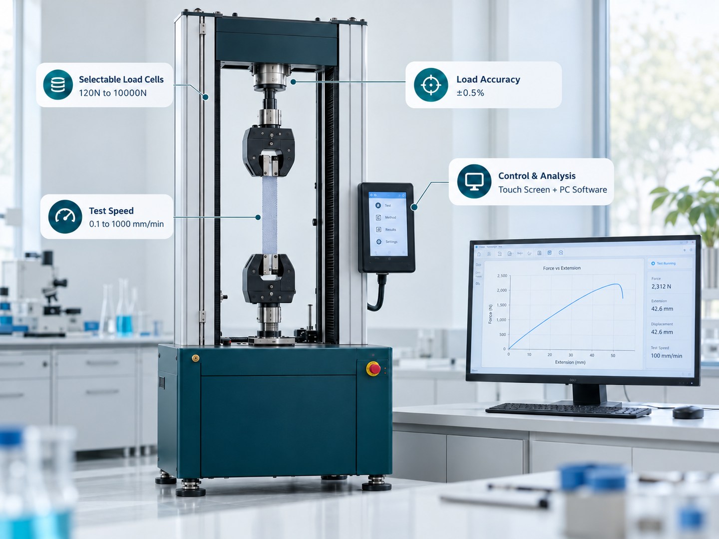 Universal testing machine in a modern laboratory with load cell, speed and software callouts